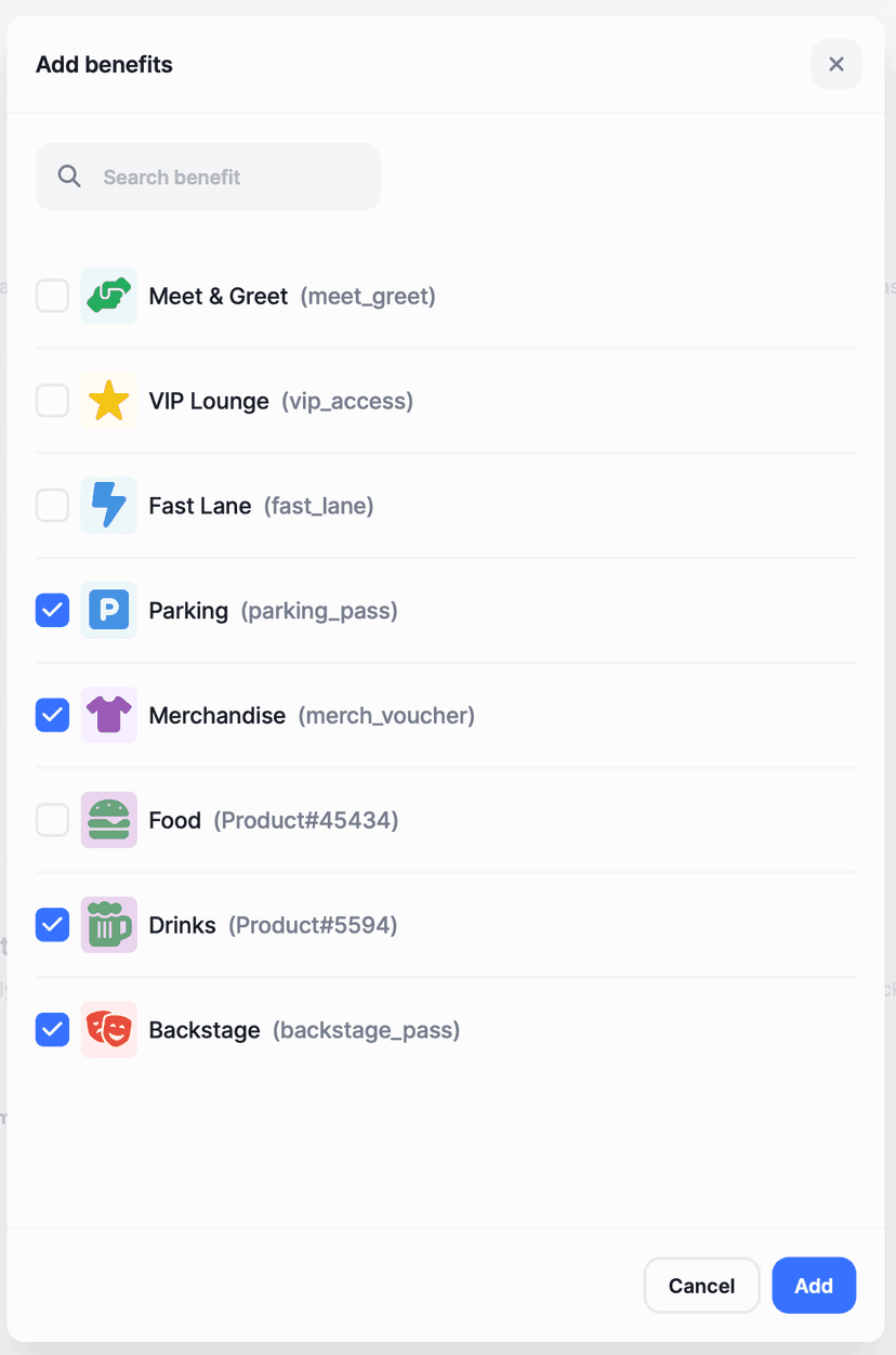 Benefit selection interface with 8 options including parking, merchandise, and VIP access