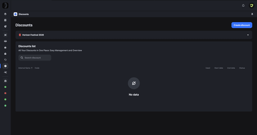 Discounts app dashboard in empty state with create discount button for Horizon Festival 2026