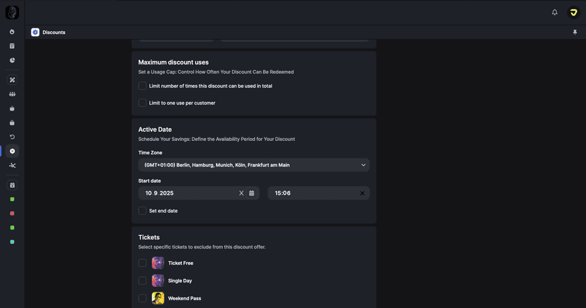 Discount configuration showing date range settings and ticket exclusion options for targeted discounts