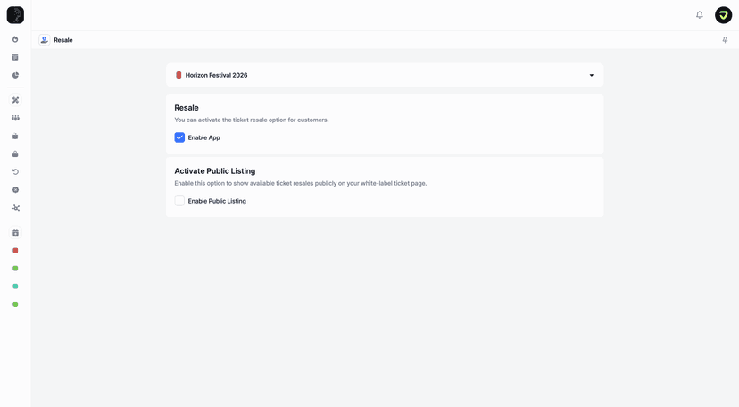 Resale app admin interface showing one-click enable option and public listing activation