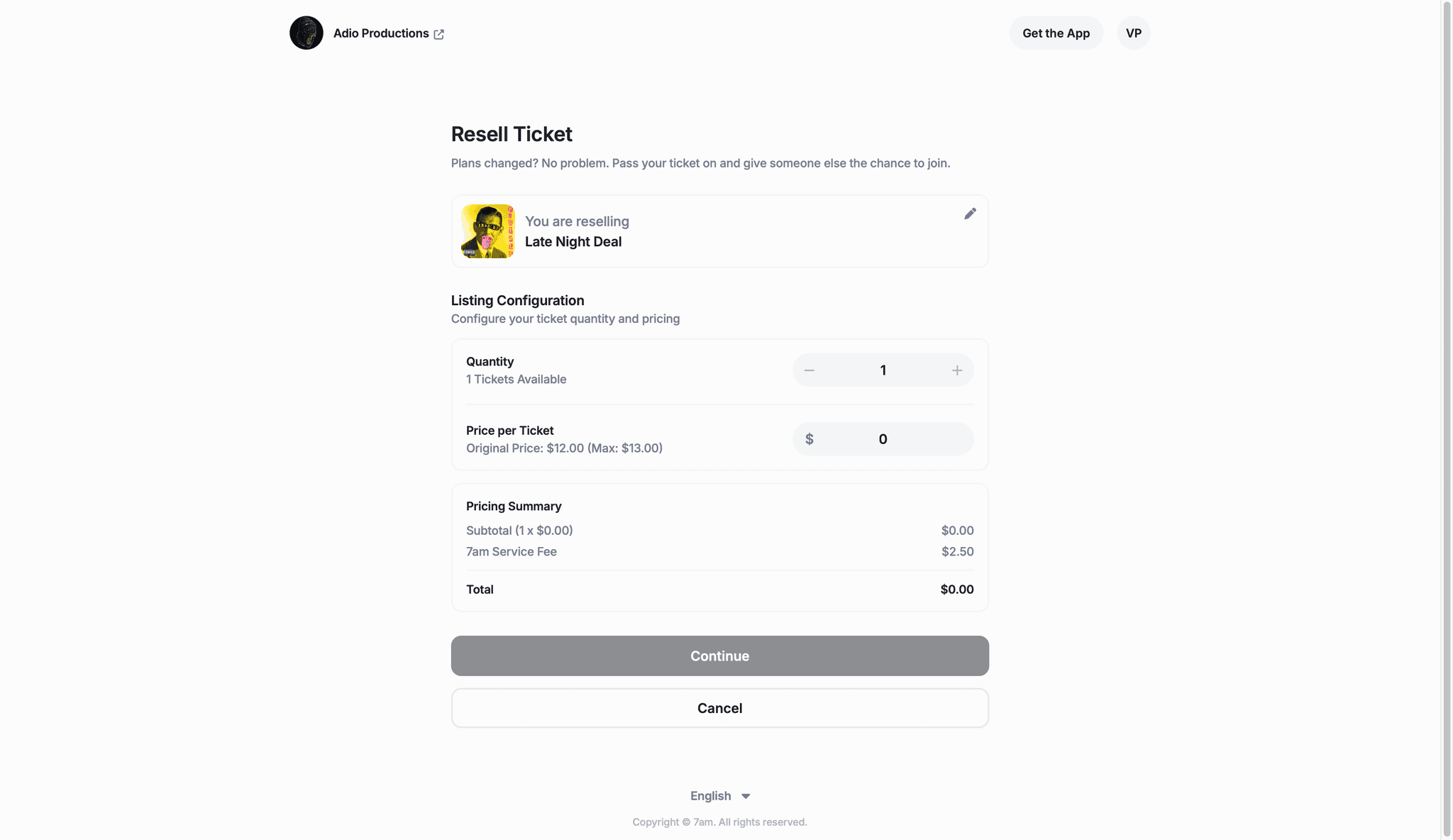 Customer resale interface showing ticket listing with quantity and pricing configuration