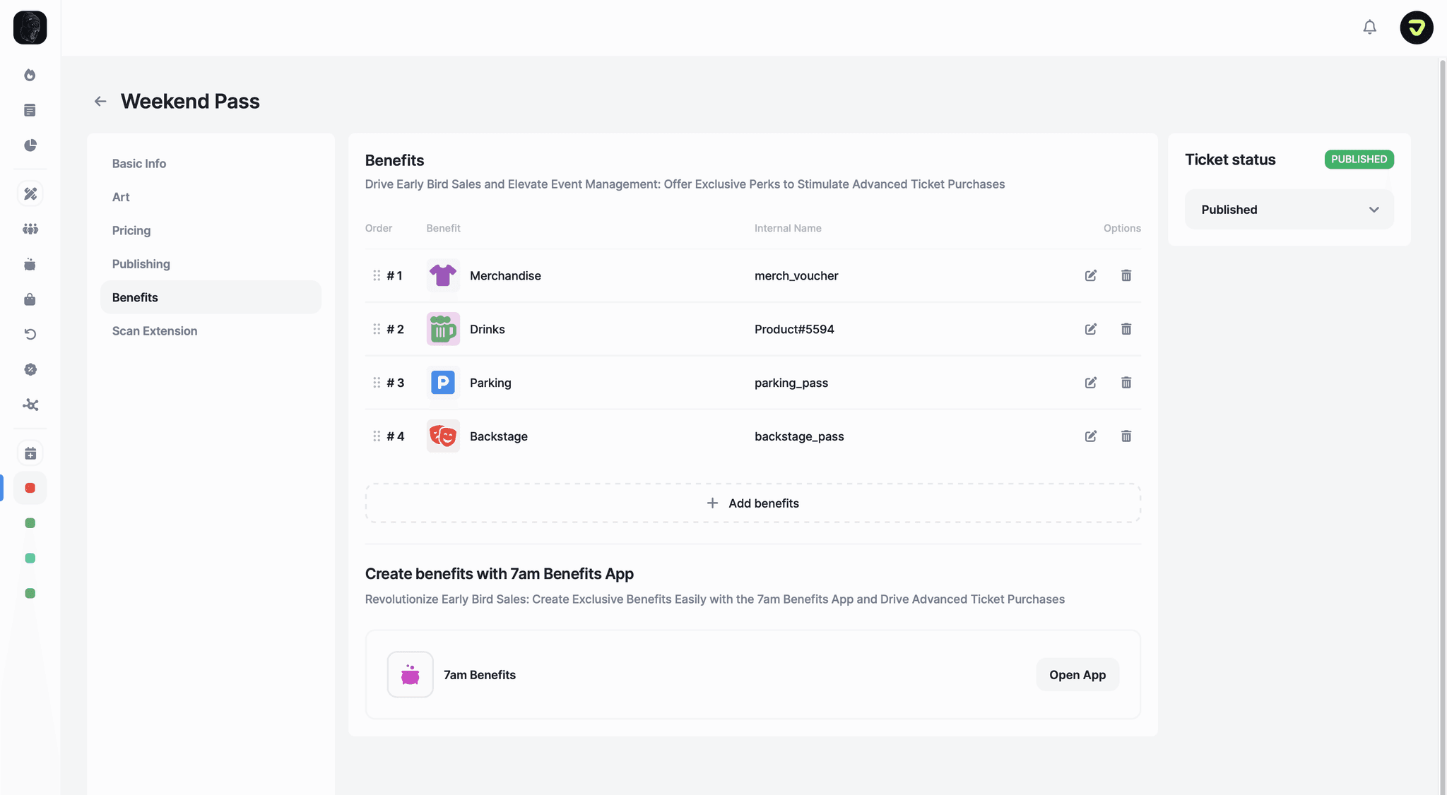 Benefits management dashboard showing 8 different benefit types with status indicators