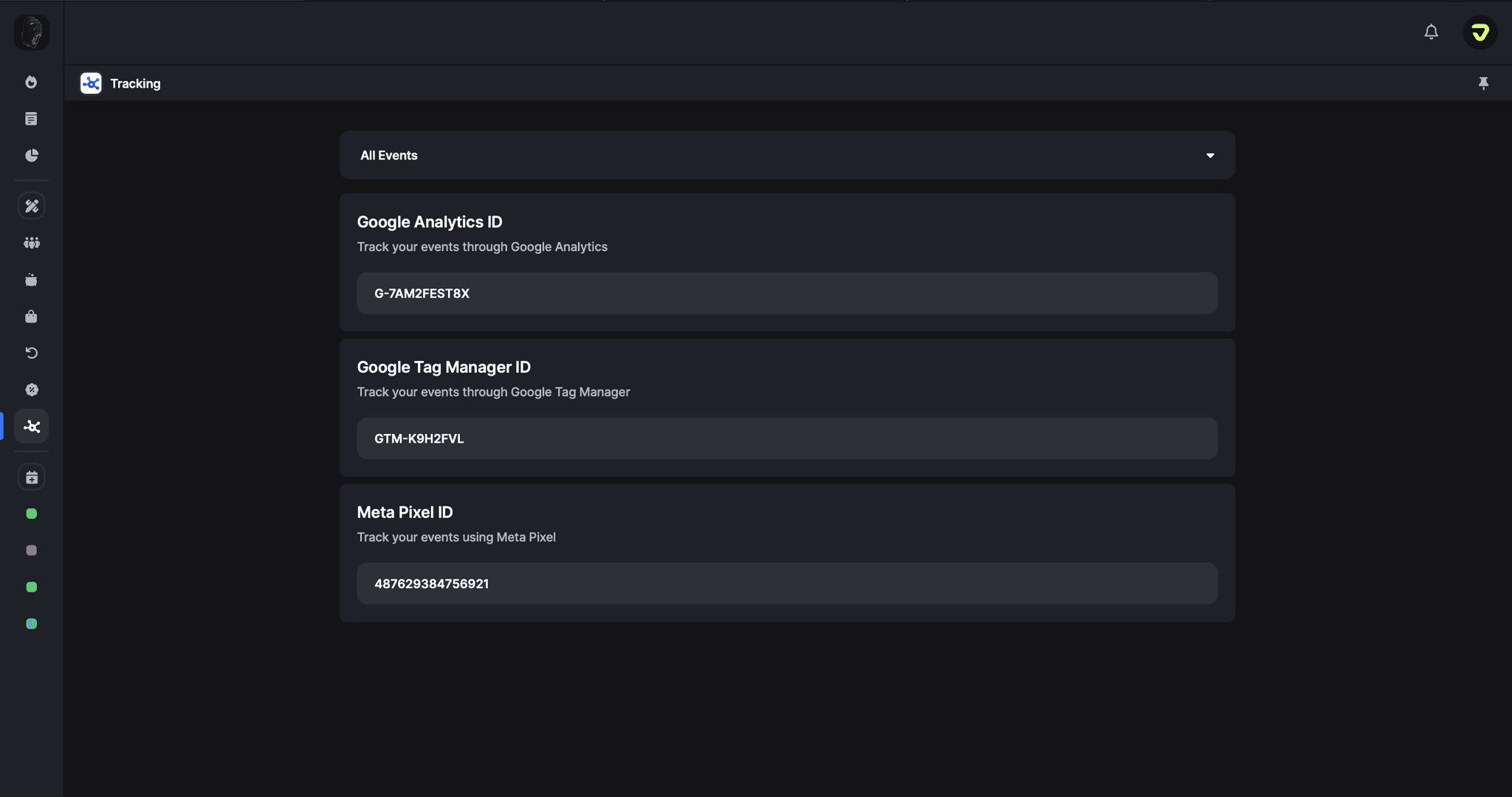 Tracking app interface showing Google Analytics, GTM and Meta Pixel ID input fields for simple analytics integration
