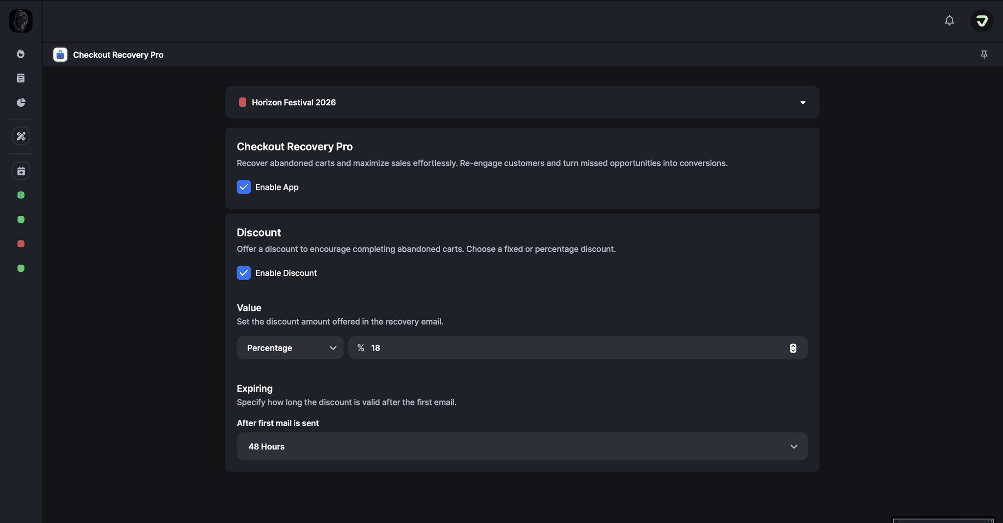 Checkout Recovery app interface showing one-click activation toggle and automatic discount settings for abandoned cart recovery in 7am ticketing platform