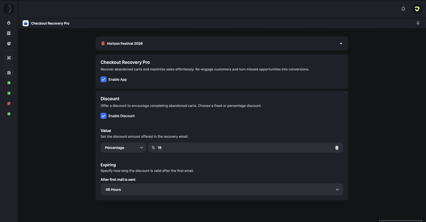 Checkout Recovery app interface showing one-click activation toggle and automatic discount settings for abandoned cart recovery in 7am ticketing platform