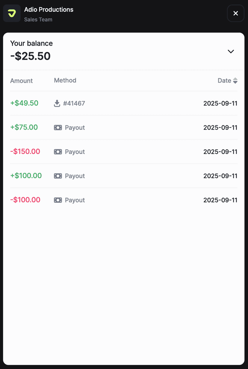 Commission balance report showing payouts and transaction history