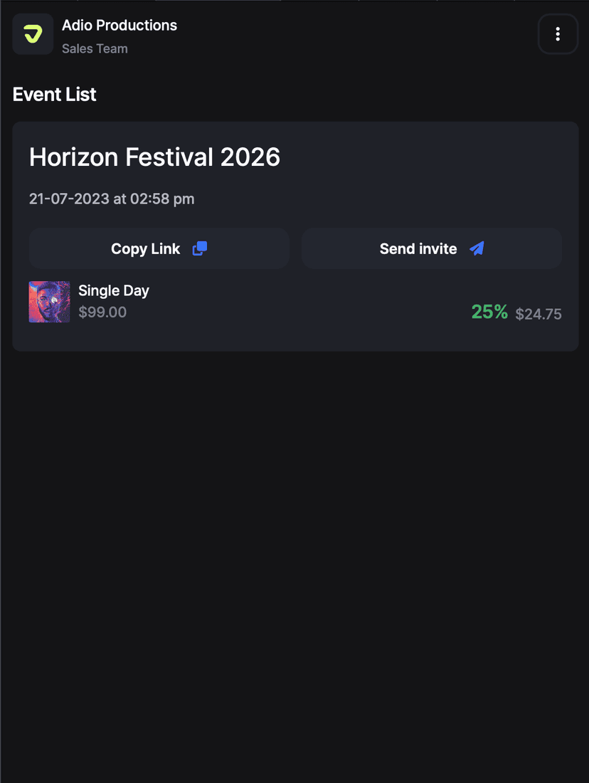 Mobile optimized promoter interface showing event selection and commission rate
