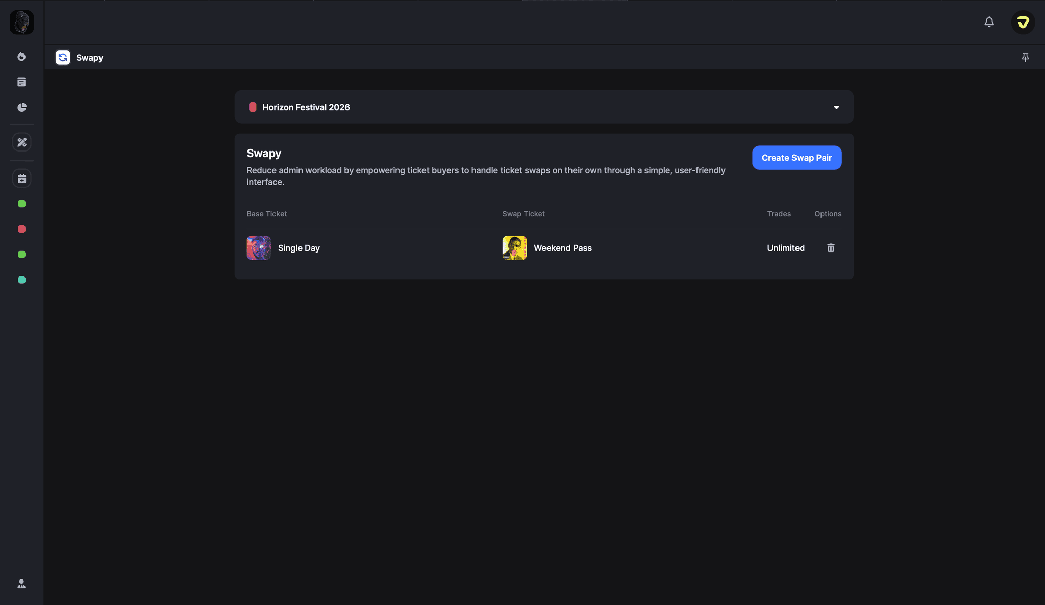 Swapy admin dashboard showing active swap pair between Single Day and Weekend Pass tickets for Horizon Festival 2026