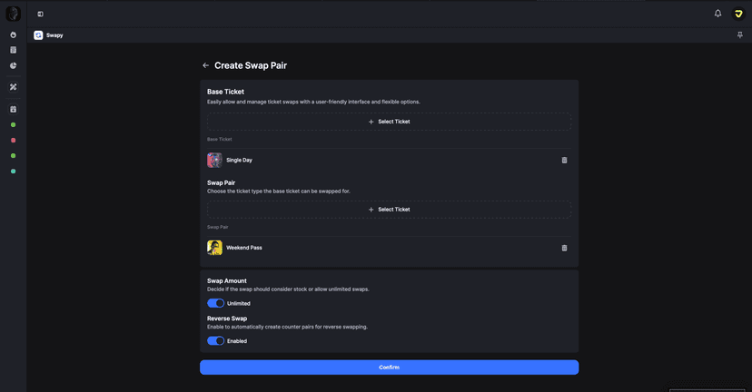 Detailed admin configuration showing swap pair setup with unlimited swaps enabled and reverse swap option for flexible ticket exchanges