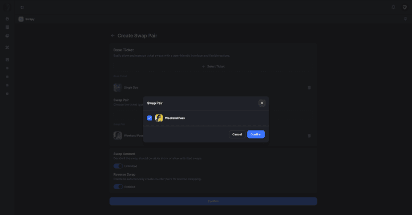 Admin interface for creating new swap pair with Single Day to Weekend Pass selection and unlimited swap amount setting
