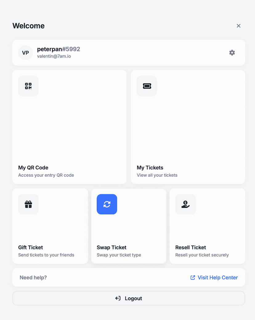 User account dashboard showing Swap Ticket option prominently displayed alongside QR code access and other ticket management features